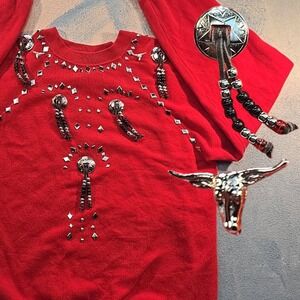 VTG Western Crewneck Red Beaded Sweatshirt Longhorn Concho Studded USA 80s‎ Sz M